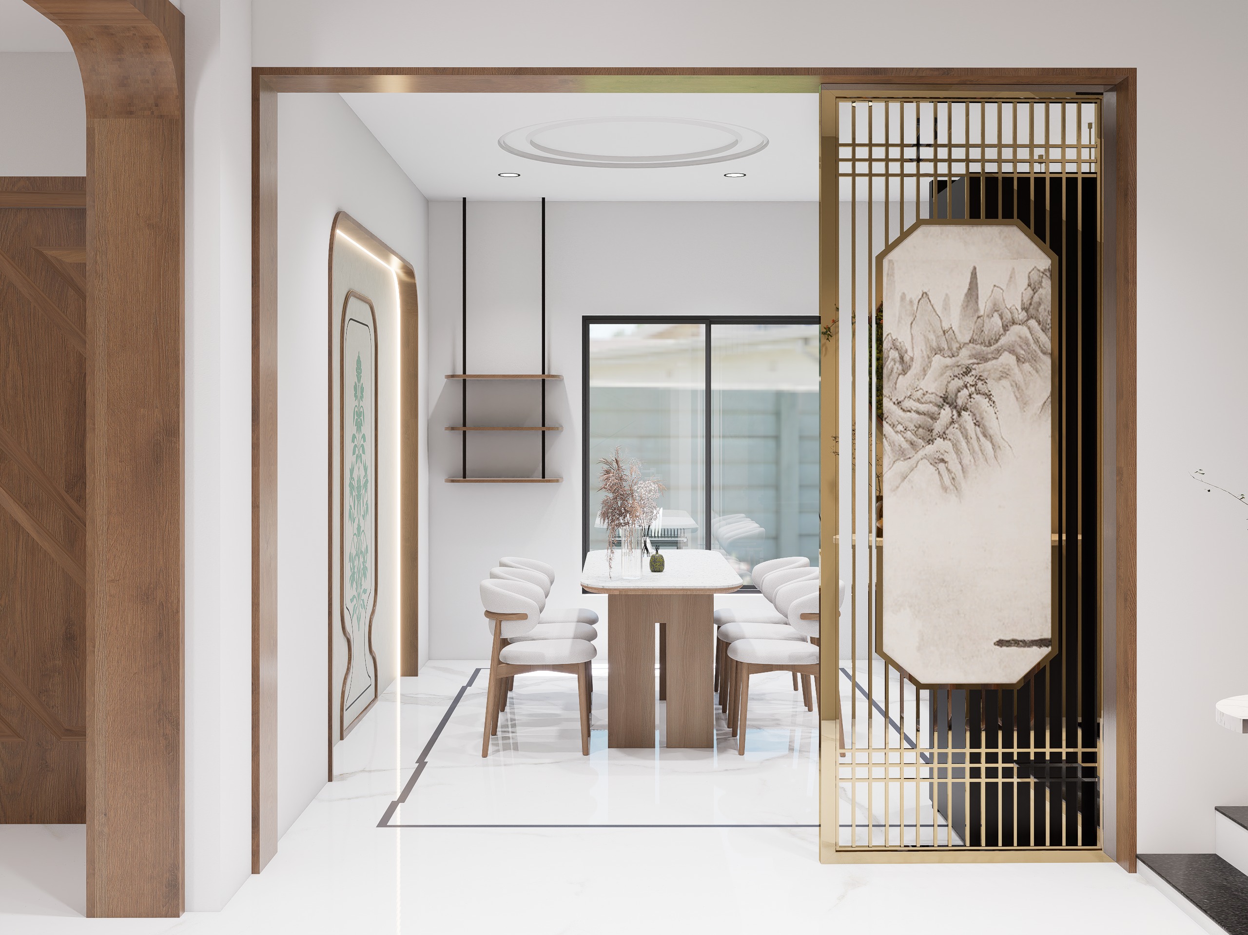 Luxury living room with geometric wood partition Guntur residence